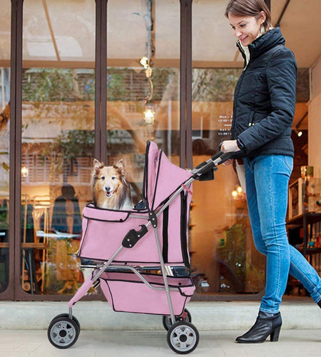 3 Wheels Pet Stroller Dog Stroller Cat Cage Jogger Stroller Cats Travel Folding Carrier Waterproof Puppy Stroller with Cup Holder & Removable Liner (Pink)