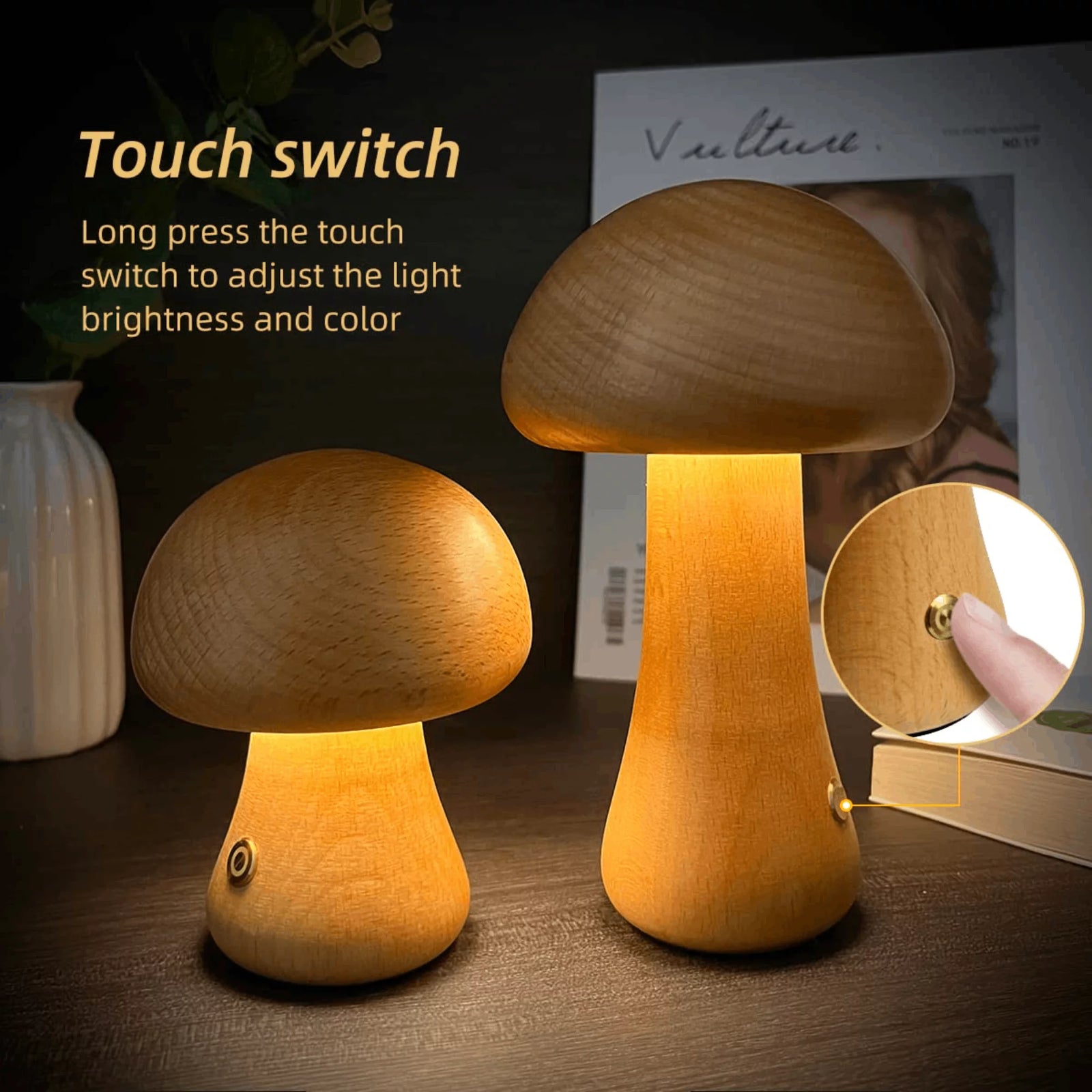 Mushroom Lamp, Dimmable LED Creative Wood Night Light with USB Charging for Home Decor