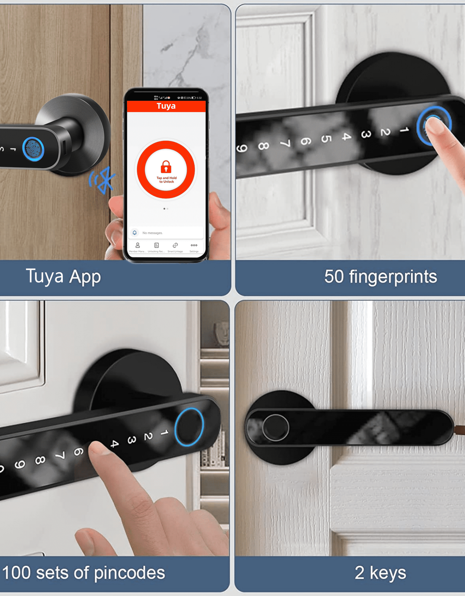 Smart Door Lock,Keyless Entry Door Lock with Handle,Fingerprint Door Lock with Tuya App,Smart Door Knob with Key for Home Bedroom