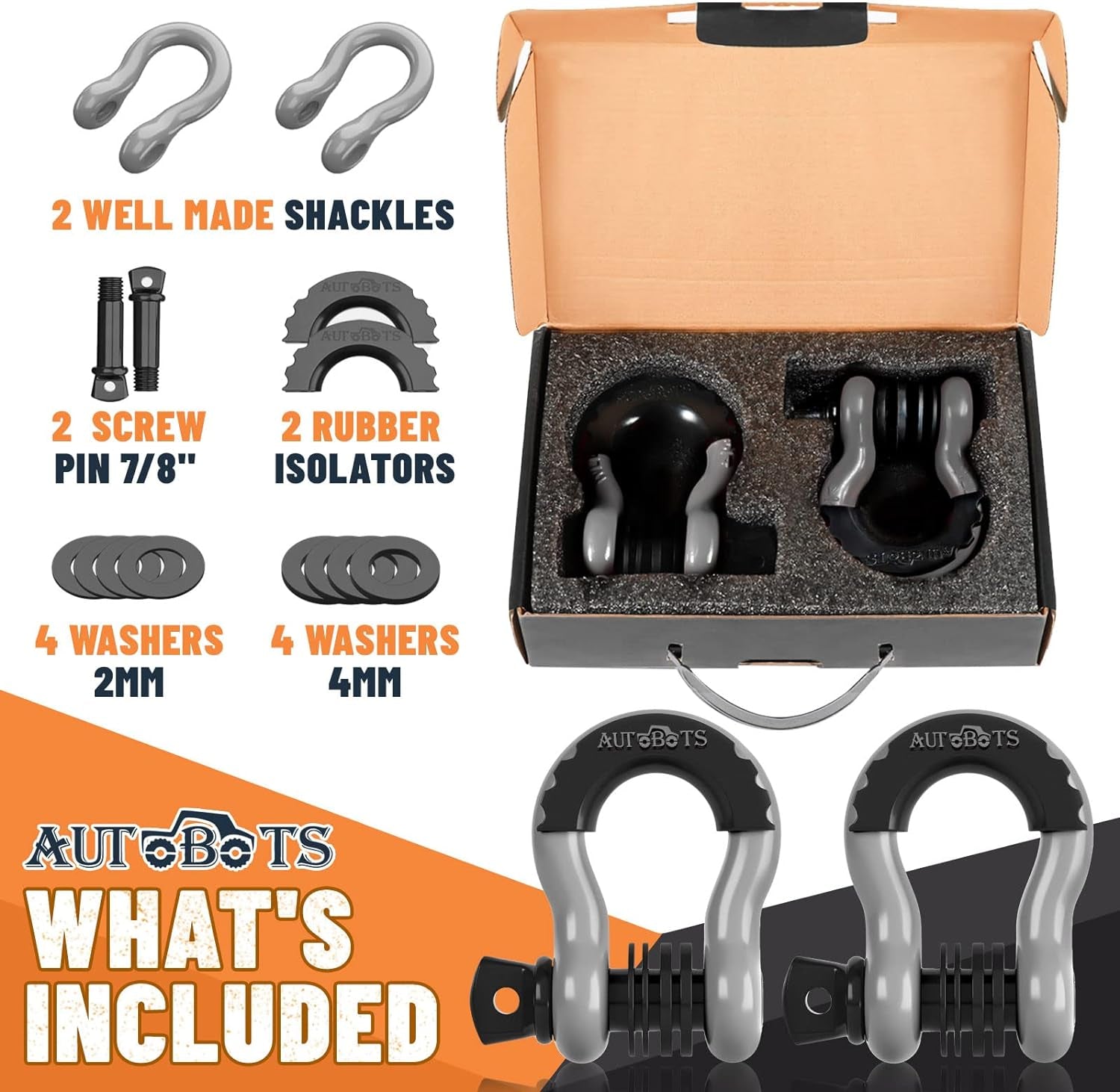 Bow Shackles 3/4" D Ring Shackle (2 Pack), 48,000Ib Break Strength with 7/8" Pin, 2 Isolator and 4 Washers Kit for Offroad Jeep Vehicle Truck Recovery Gray