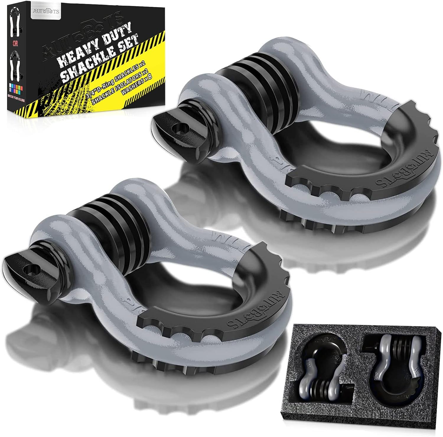 Bow Shackles 3/4" D Ring Shackle (2 Pack), 48,000Ib Break Strength with 7/8" Pin, 2 Isolator and 4 Washers Kit for Offroad Jeep Vehicle Truck Recovery Gray