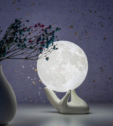 Moon Lamp, 3.5 Inch 3D Printing Lunar Lamp Night Light with White Hand Stand as Kids Women Girls Boy Birthday Gift, USB Charging Touch Control Brightness Two Tone Warm Cool White