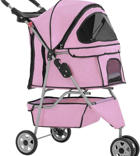 3 Wheels Pet Stroller Dog Stroller Cat Cage Jogger Stroller Cats Travel Folding Carrier Waterproof Puppy Stroller with Cup Holder & Removable Liner (Pink)