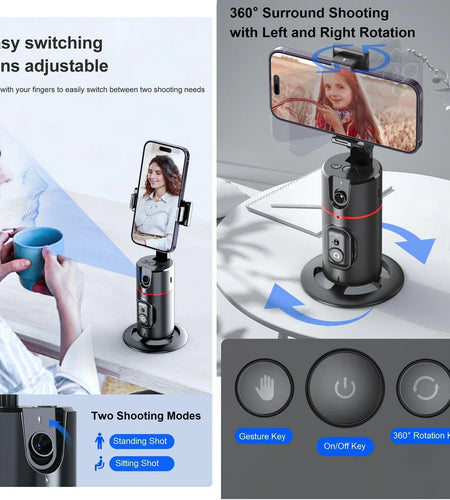 Auto Face Tracking Phone Holder Tripod, No App Required, 360° Rotation Smart Face Body Tracking Tripod Selfie Phone Camera Mount Cell Phone Stand for TIK Tok, Vlog, Live Streaming, Youtube Video