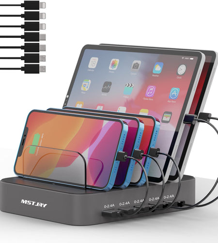 Charging Station for Multiple Devices,  5 Port Multi USB Charger Station with Power Switch Designed for Iphone Ipad Cell Phone Tablets (Gray, 7 Mixed Short Cables Included)