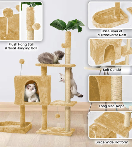 31.5" Cat Tree Cat Tower for Indoor Cats with Green Leaves, Cat Condo Cozy Plush Cat House with Hang Ball and Leaf Shape Design, Cat Furniture Pet House with Cat Scratching Posts, Green