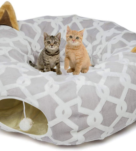 Cat Dog Tunnel Bed with Cushion Tube Toys Oxford Cloth Large Diameter Longer Crinkle Collapsible 3 Way for Large Cats Kittens Kitty Small Puppy Outdoor 3FT