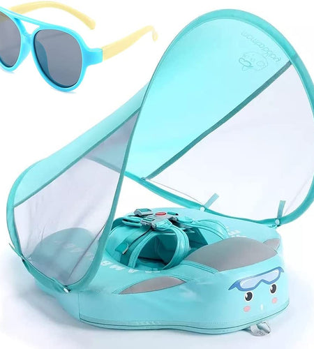 Baby Floats for Pool with Canopy Removable UPF 50+ UV Sun Protection Canopy Mambobaby Float Non Inflatable Upgrade Soft Waterproof Skin-Friendly Leather Material Infant Swim Float 3-24 Months