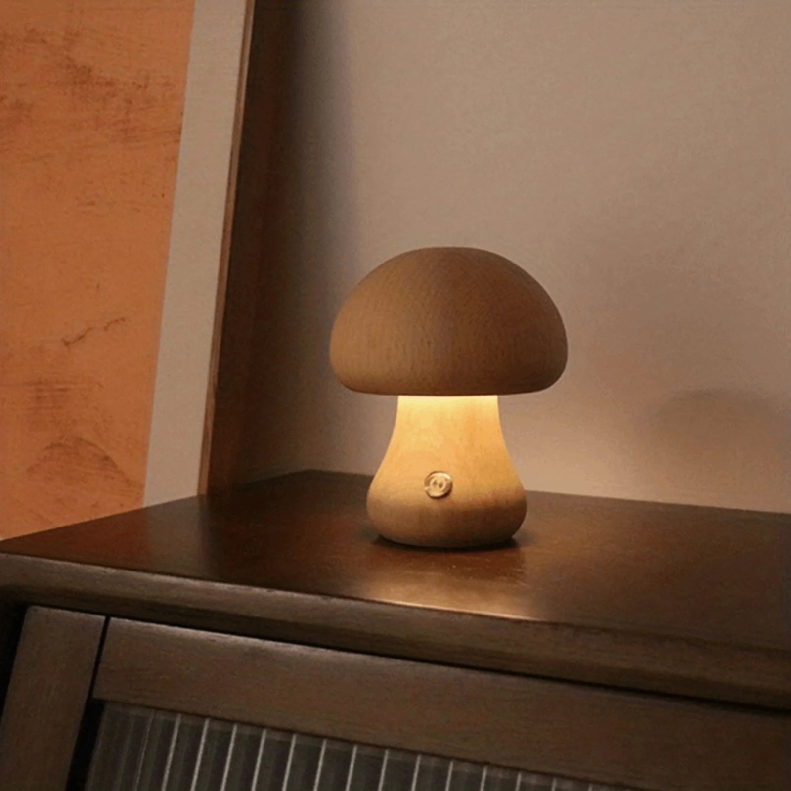 Mushroom Lamp, Dimmable LED Creative Wood Night Light with USB Charging for Home Decor