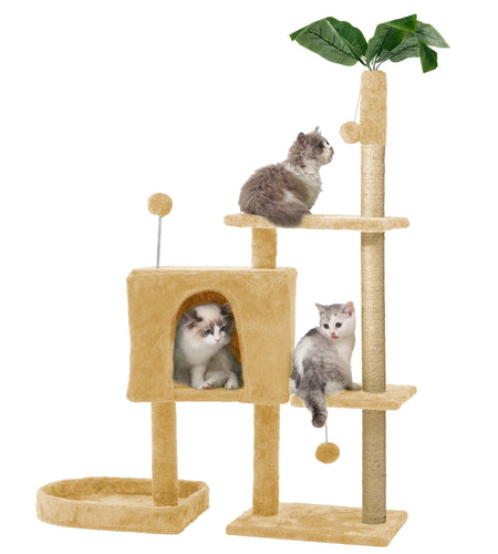 31.5" Cat Tree Cat Tower for Indoor Cats with Green Leaves, Cat Condo Cozy Plush Cat House with Hang Ball and Leaf Shape Design, Cat Furniture Pet House with Cat Scratching Posts, Green