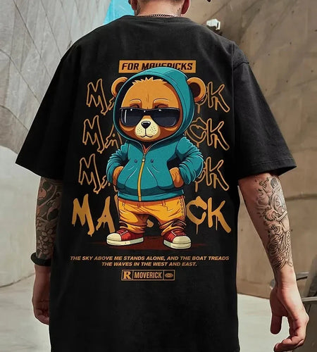 Cotton Fashion Bear Pattern Printed Men'S T Shirt round Neck Loose Tops Breathable Comfortable Casual Oversized Women Clothing