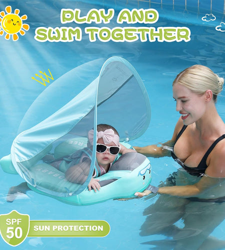 Baby Floats for Pool with Canopy Removable UPF 50+ UV Sun Protection Canopy Mambobaby Float Non Inflatable Upgrade Soft Waterproof Skin-Friendly Leather Material Infant Swim Float 3-24 Months