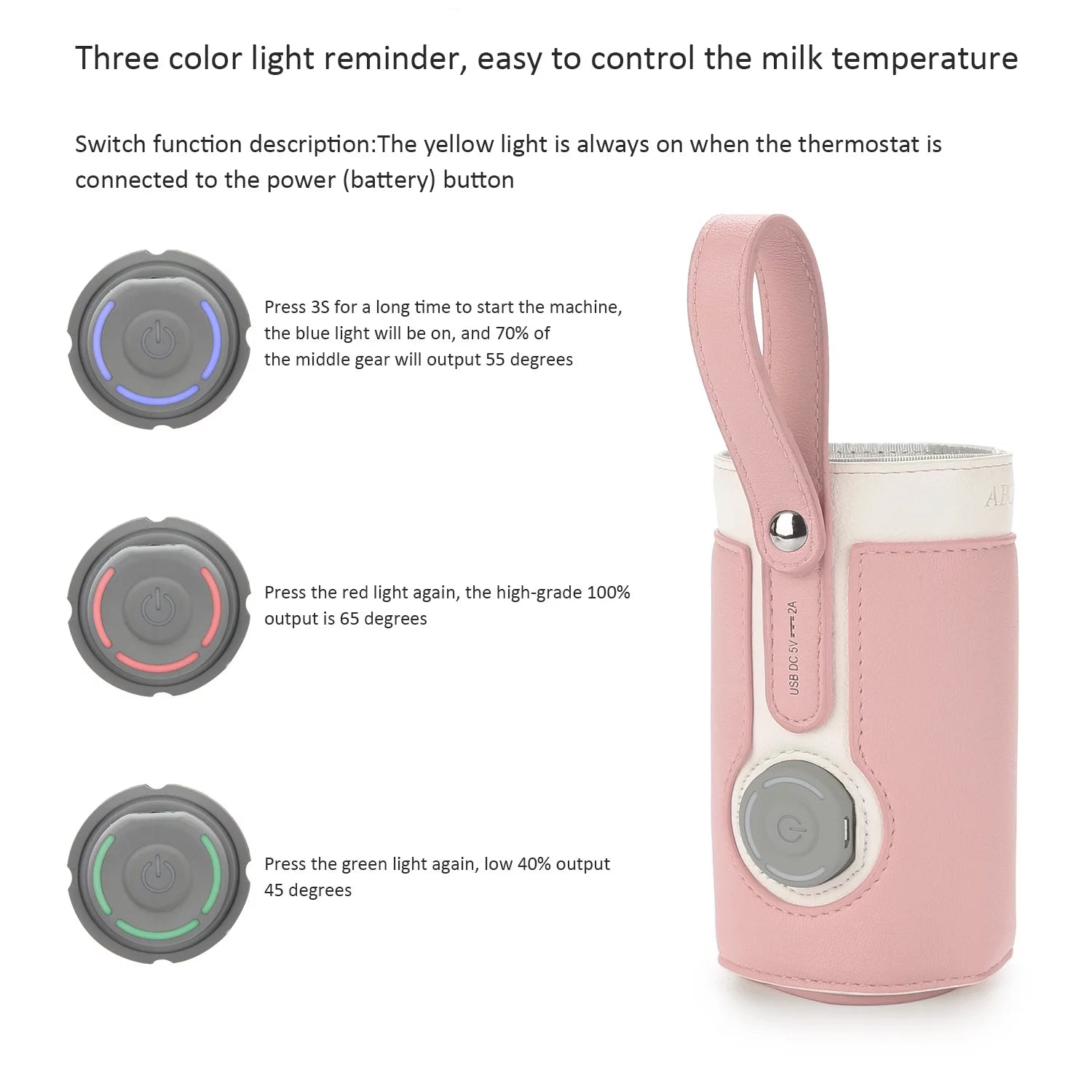 Portable Bottle Warmer,  Intelligent Bottle Warmer, Fast Charge, 3-Speed Temperature Regulation, Pink