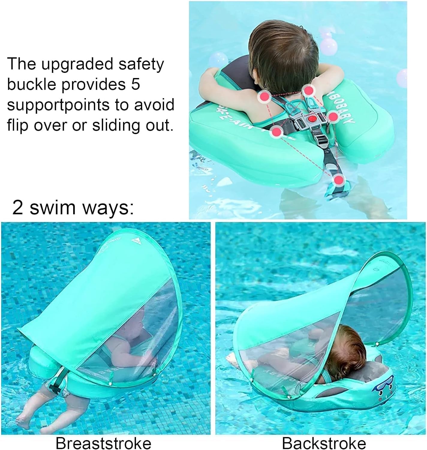 Baby Pool Float with Canopy UPF 50+, Non Inflatable  Float, Baby Floaties for Infants Swimming Training, No Flip over Baby Swimming Float