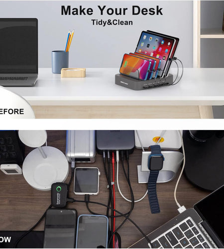 Charging Station for Multiple Devices,  5 Port Multi USB Charger Station with Power Switch Designed for Iphone Ipad Cell Phone Tablets (Gray, 7 Mixed Short Cables Included)