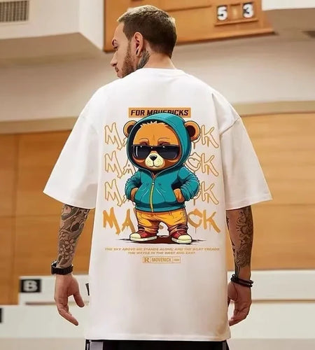 Cotton Fashion Bear Pattern Printed Men'S T Shirt round Neck Loose Tops Breathable Comfortable Casual Oversized Women Clothing