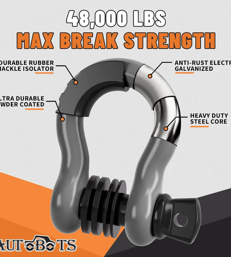 Bow Shackles 3/4" D Ring Shackle (2 Pack), 48,000Ib Break Strength with 7/8" Pin, 2 Isolator and 4 Washers Kit for Offroad Jeep Vehicle Truck Recovery Gray